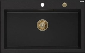 Mexen Elix chiuvetă de bucătărie din granit cu 1 compartiment 800 x 500 mm, neagră, sifon auriu - 6527801005-77-G