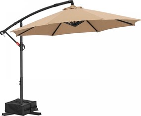 Umbrelă suspendată de grădină, cu braț lateral și manivelă, impermeabilă, protecție UV, bază în cruce inclusă + BONUS sac greutate (weights bag inclus), Kaki