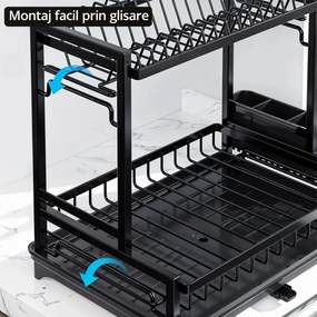 Scurgator vase chiuveta etajat, cu protectii cauciuc, suport pahare si tacamuri, tub de scurgere, negru, 43x39x21cm