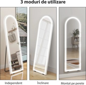 HOMCOM Oglindă de podea arcuită cu lumini, 150x50 cm, de perete și autoportantă, reglabilă, cu funcție de memorie, transparentă | Aosom Romania