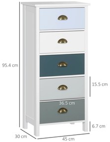 HOMCOM Chiffonnier comodă mobilier de depozitare 5 sertare multicolore cu mânere metal cochilie MDF - dim. 45L x 30l x 95,4H cm | Aosom Romania