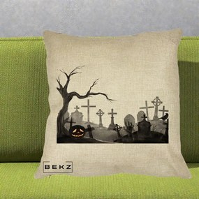 Perna Decorativa Halloween Cimitir Acuarela cu Dovleac, 40x40 cm, Crem, Husa Detasabila, Perna Inclusa, BEKZ®