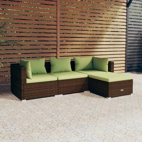 Set mobilier de gradina cu perne, 4 piese, maro, poliratan maro si verde, 2x colt + mijloc + suport pentru picioare, 1