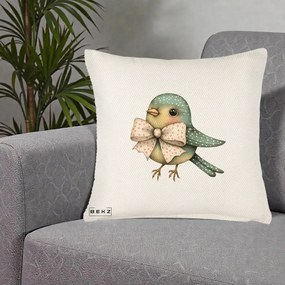Perna Decorativa Pasare Teal cu Fundita cu Buline, 40x40 cm, Crem Reliefat, Husa Detasabila, Perna Inclusa, BEKZ®