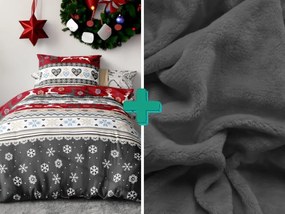 Lenjerie de pat flanel CHRISTMAS DEER rosu + cearceaf microplus SOFT 90x200 cm gri inchis