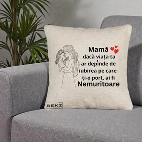 Cadou pentru Mama - Perna Personalizata Mama Nemuritoare cu Copilul in Poala, 40x40 cm, Bej Canapea, Husa Detasabila, Perna Inclusa, BEKZ®