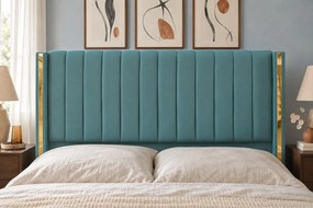 Pat tapițat din catifea Aurelia 200×200 cm, verde marin, detalii aurii, cu ladă de depozitare