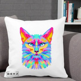 Perna Decorativa Pisica Pop Art Multicolor, 40x40 cm, Alba Mata, Husa Detasabila, Perna Inclusa, BEKZ®