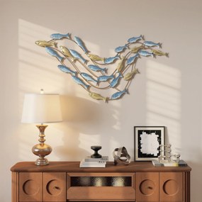 HOMCOM Artă de Perete cu Banc de Pești și Șuruburi Incluse pentru Casă și Birou, Decor Metalic, 99,7x3,8x50,2 cm, Auriu și Albastru | Aosom Romania