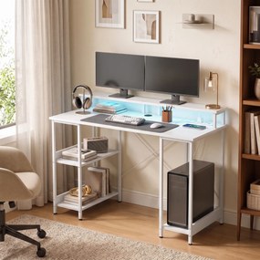 HOMCOM Birou pentru Computer Reversibil cu Rafturi, 120x50 cm, cu Prize și Lumini LED, Alb cu Efect de Lemn | Aosom Romania