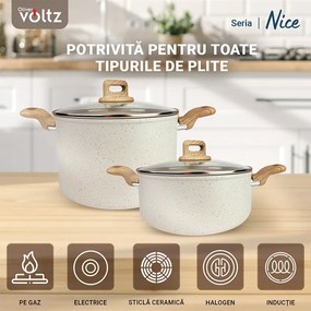 Oala cu capac Voltz Nice OV54418E24D, 24x15 cm, 6.5 L, Finisaj marmura, Inductie, Cream melange