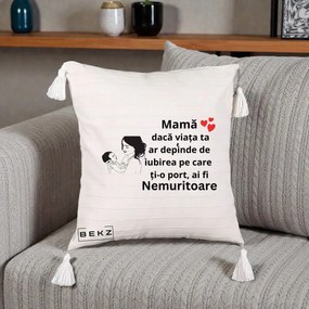 Cadou pentru Mama - Perna Personalizata Mama Nemuritoare Imbratisare Copil, 40x40 cm, Bej cu Franjuri, Husa Detasabila, Perna Inclusa, BEKZ®