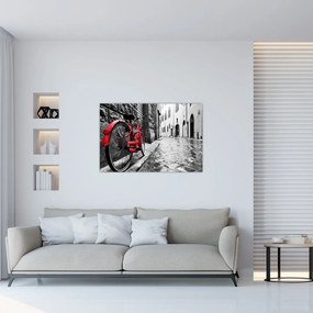 Tablou - Bicicleta roșie pe o stradă pavată (90x60 cm)