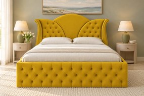 Pat tapițat Chesterfield din catifea Velora 180×200 cm, galben muștar, cu ladă de depozitare