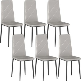 HOMCOM Set de 6 Scaune de Sufragerie, cu Spătar Înalt cu Cusături Tip Romb din Piele Ecologică și Oțel, 41x50x97 cm, Gri | Aosom Romania