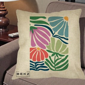 Perna Decorativa Flori Grafice Multicolore Modern, 40x40 cm, Crem, Husa Detasabila, Perna Inclusa, BEKZ®