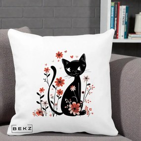 Perna Decorativa Pisica Neagra Flori Roz si Inimi, 40x40 cm, Alba Mata, Husa Detasabila, Perna Inclusa, BEKZ®