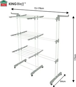 Uscător de rufe Kinghoff KH 2044, 30 m, până la 30 kg, 3 niveluri, roți, oțel, alb/gri