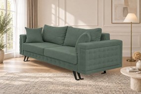 Canapea extensibilă Rosalia din stofă, verde ou de rață, picioare negre, cu ladă de depozitare