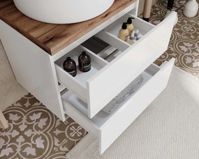 Set mobilier baie cu blat 60 cm imitatie lemn si oglinda cu LED si lampa, SaviniDue