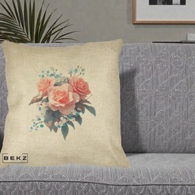 Perna Decorativa Trandafiri Roz cu Floricele Albastre, 40x40 cm, Crem, Husa Detasabila, Perna Inclusa, BEKZ®