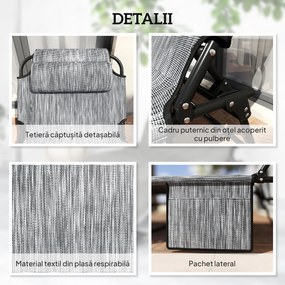 Outsunny Sezlong pliabil cu spatar inclinabil pe 4 nivele, Scaun de plaja pentru exterior cu perna, buzunar lateral,tetiera, Gri