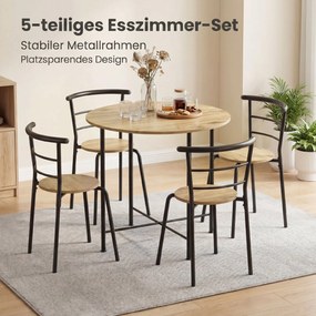 HOMCOM Set Masă Rotundă de Dining cu 4 Scaune Economisitor de Spațiu în Lemn și Metal Stil Industrial | Aosom Romania