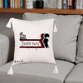 Perna Personalizata Death Note L Lawliet Rosu-Negru, 40x40 cm, Bej cu Franjuri, Husa Detasabila, Perna Inclusa, BEKZ®