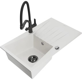 Mexen Cesar chiuvetă de granit cu un compartiment, cu picurător și baterie de bucătărie Duo, Albă - 6514-20-671701-70-B