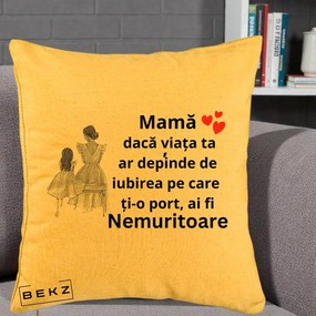 Cadou pentru Mama - Perna Personalizata Mama Nemuritoare Line Art, 40x40 cm, Galben, Husa Detasabila, Perna Inclusa, BEKZ®