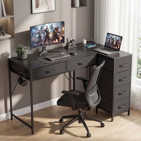 HOMCOM Birou de Colț Reversibil cu Prize și Porturi USB, 126x48 cm Birou în Formă de L cu 6 Sertare din Material Textil, Cârlig Lateral, pentru Computer, Birou, Cameră, Negru | Aosom Romania
