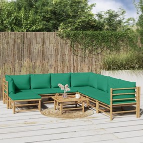 Set mobilier de gradina cu perne verzi, 9 piese, bambus