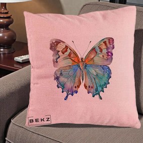 Perna Decorativa Fluture Acuarela Multicolor Portocaliu-Bleu-Mov, 40x40 cm, Roz, Husa Detasabila, Perna Inclusa, BEKZ®