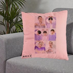Perna Personalizata K-pop BTS Colaj 7 Portrete cu Inimi Lila, 40x40 cm, Roz, Husa Detasabila, Perna Inclusa, BEKZ®