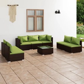 Set mobilier de gradina cu perne, 8 piese, maro, poliratan maro si verde, 2x colt + 5x mijloc + masa, 1