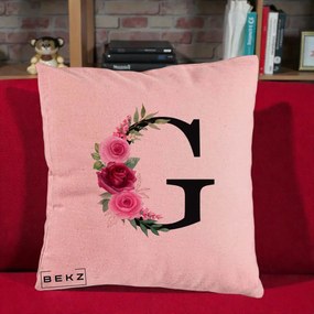 Cadou Personalizat - Perna Personalizata Monograma Florala Litera G, 40x40 cm, Roz, Husa Detasabila, Perna Inclusa, BEKZ®