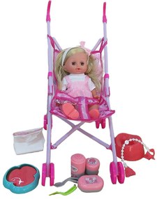 Papusa vorbitoare cu carucior si accesorii