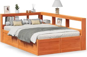 vidaXL Pat cu bibliotecă fără saltea maro 135x190 cm lemn masiv de pin