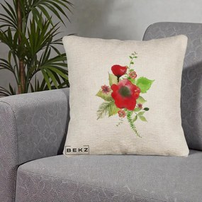 Perna Decorativa Buchet Rosu Acuarela, 40x40 cm, Bej Canapea, Husa Detasabila, Perna Inclusa, BEKZ®
