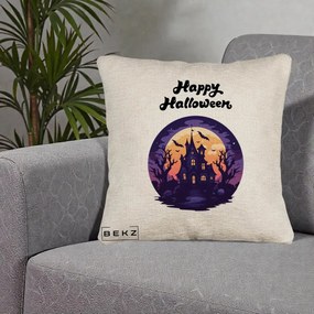 Perna Decorativa Happy Halloween Casa Bantuita Violet, 40x40 cm, Bej Canapea, Husa Detasabila, Perna Inclusa, BEKZ®