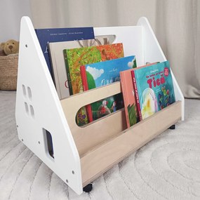 Bibliotecă Montessori cu roți, în formă de căsuță BOOKY turquoise