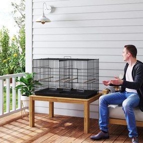 PawHut Colivie pentru Păsări cu Separator, Raft Inferior, 4 Stinghii și 4 Hrănitoare, 94x57x57 cm, Negru | Aosom Romania