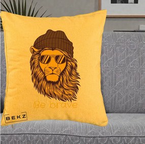 Perna Decorativa Leu Hipster Be Brave, 40x40 cm, Galben, Husa Detasabila, Perna Inclusa, BEKZ®