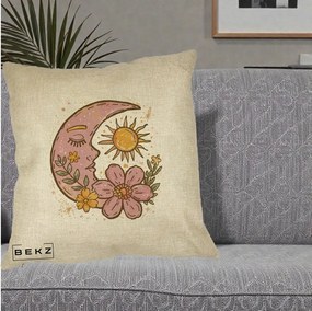 Perna Personalizata Luna si Soare Floral Boho, 40x40 cm, Crem, Husa Detasabila, Perna Inclusa, BEKZ®