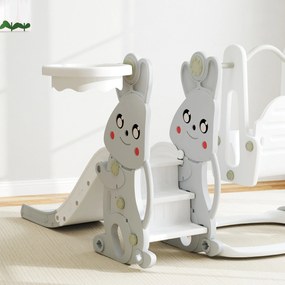 AIYAPLAY Set de jocuri 4 în 1 pentru copii, Tobogan, Leagăn, Structură de escaladă, Coș de baschet, Plastic, Design cu iepurași, Gri | Aosom Romania