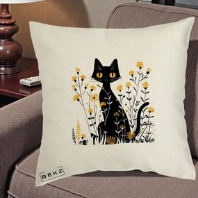Perna Decorativa Pisica Neagra Ochi Galbeni Flori Galbene, 40x40 cm, Ecru, Husa Detasabila, Perna Inclusa, BEKZ®