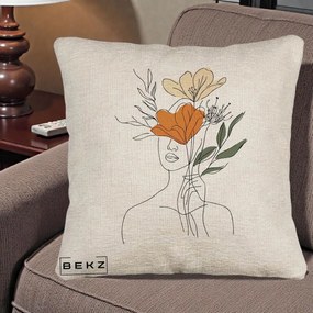 Perna Decorativa Portret Feminin Coroana Florala, 40x40 cm, Bej Canapea, Husa Detasabila, Perna Inclusa, BEKZ®