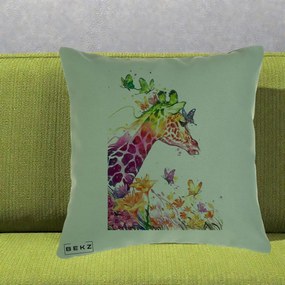 Perna Decorativa Girafa Curcubeu Acuarela, 40x40 cm, Verde, Husa Detasabila, Perna Inclusa, BEKZ®