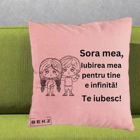 Cadou pentru Sora - Perna Personalizata Sora Mea Te Iubesc Copii Anime Line Art, 40x40 cm, Roz, Husa Detasabila, Perna Inclusa, BEKZ®