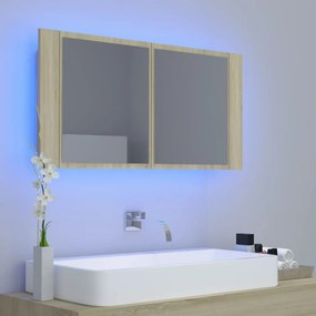Dulap de baie cu oglinda si LED, stejar Sonoma, 90x12x45 cm Stejar sonoma